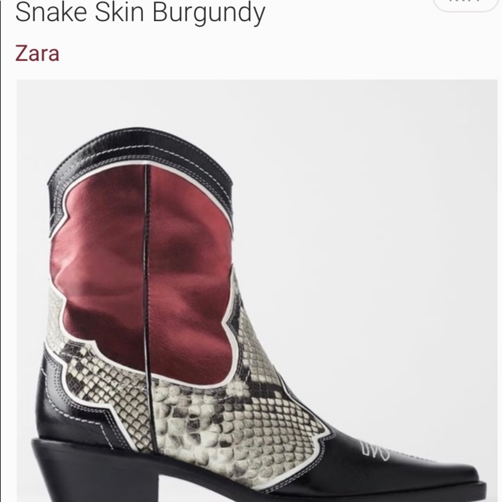 Zara burgundy, black and cream snake skin boots